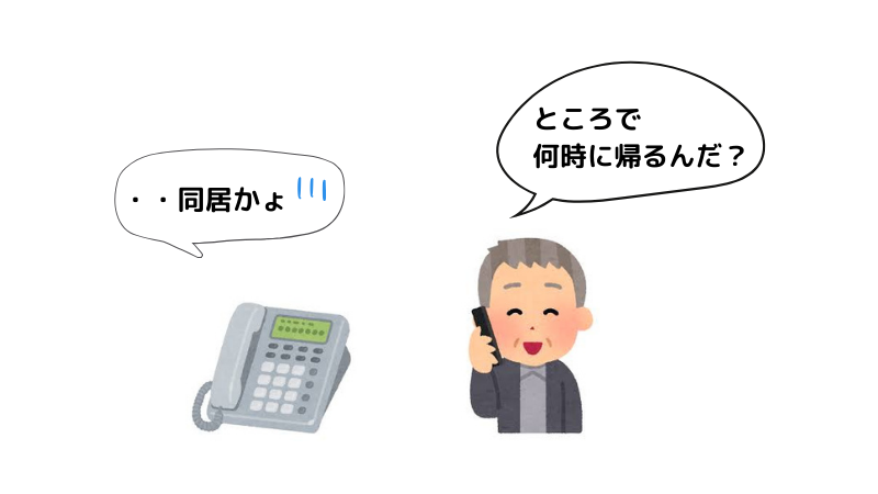 詐欺電話に対し、「何時にかえるんだ？」と質問する高齢者のイラスト　イメージ画像