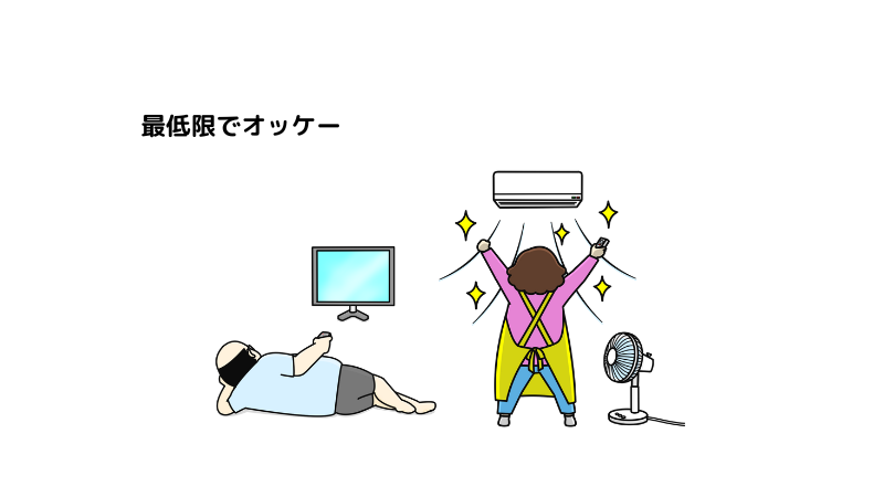 年配夫婦のイラスト、テレビ、エアコン、扇風機　「最低限でＯＫ 」というイメージ画像