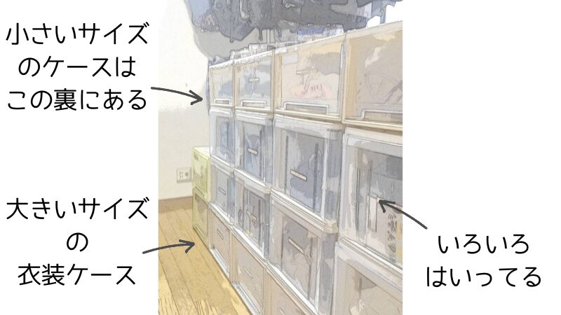 １８個の大型衣装ケース。イラスト風写真