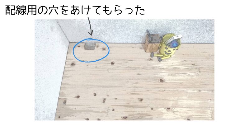 座卓の天板に、配線用の穴を加工した箇所の、イラスト風写真